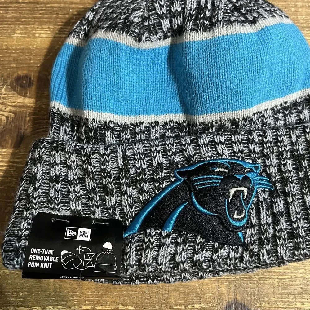 New Era Black Carolina Panthers Bannie Hat‎ Men's One Size Logo Cuffed Knit Pom
